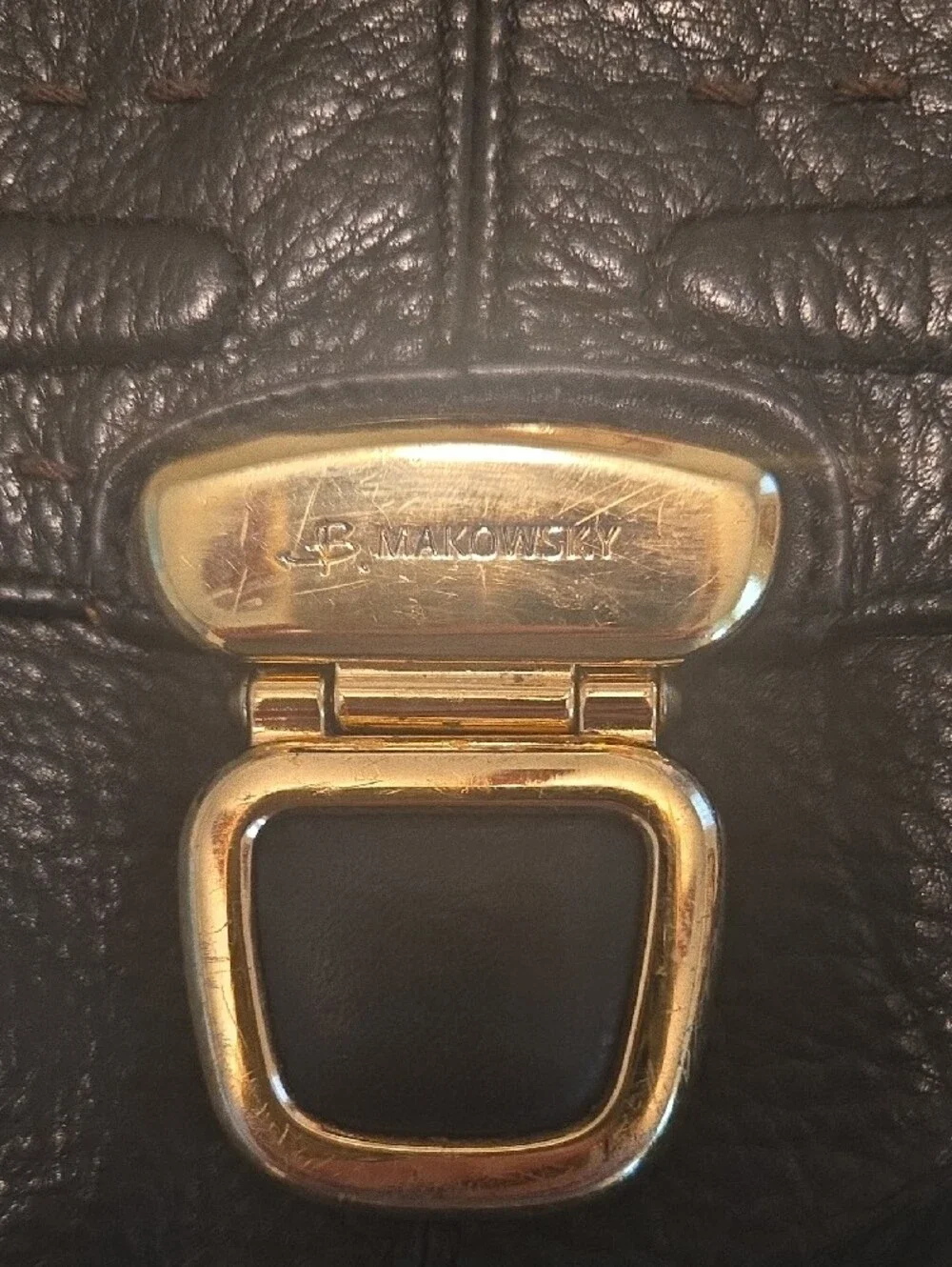 b. makowsky Black Pebbled Leather Shoulder Bag with Gold Hardware